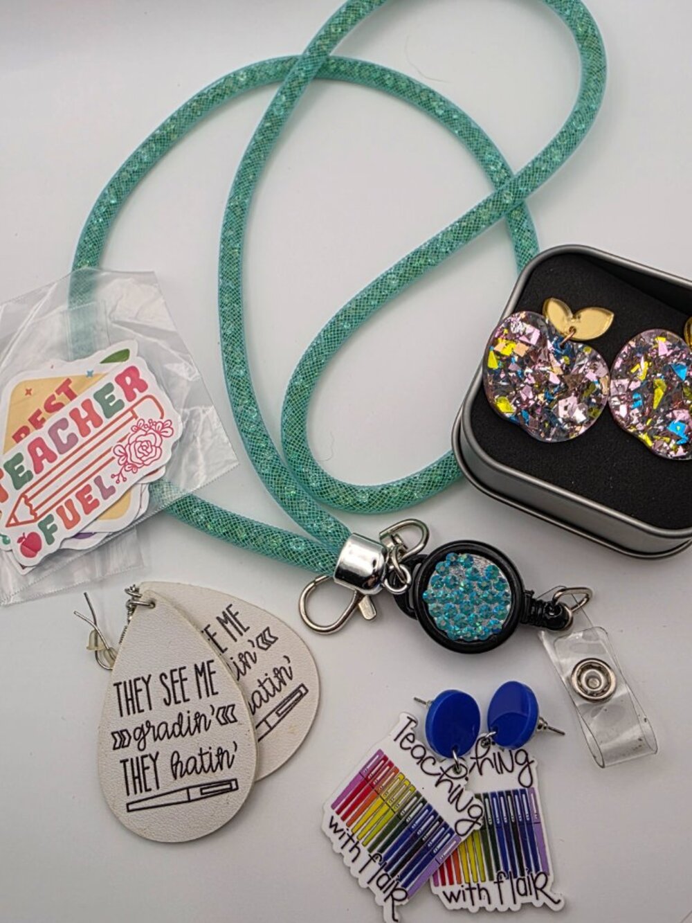 Teacher Accessory Bundle 3 Pairs Earrings Glitter Lanyard Badge Reel + Stickers